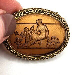 1940s Amber Glass Cameo Brooch Reverse Carved Goddess & Cupid Intaglio Gold Tone